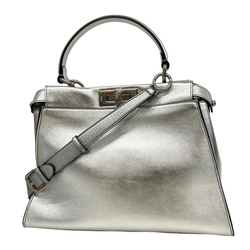 Fendi Peekaboo Leather Handbag, Silver, Women's, OP017087